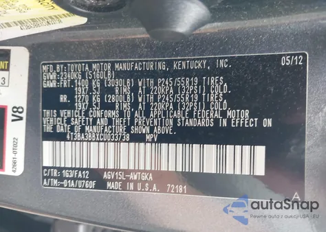 2012 Toyota Venza Le z USA, uszkodzony, nr VIN 4T3BA3BBXCU033738